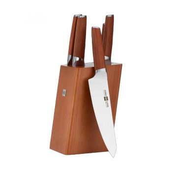 Набор из 5-и кухонных ножей из сверхпрочной стали и подставки Xiaomi Mi HuoHou Molybdenum Vanadium Steel Kitchen Knife Set HU0158 Brown RUS